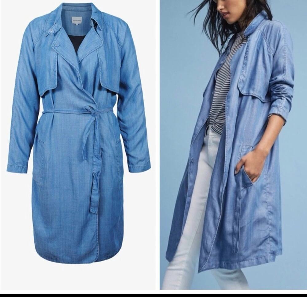 Anthropologie Second Female chambray duster trench coat XL Preppy Old Money